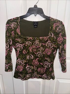 INC International Concepts Olive Green & Pink Floral Swirl Square Neck Top, GUC